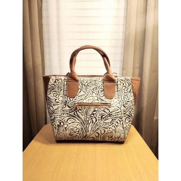 Brown Off White Zippered Floral Embossed Tooled Artisanal LEATHER Bag Purse - Picture 10 of 15